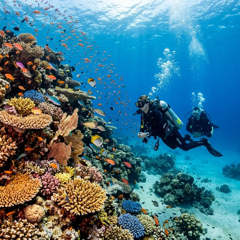 Scuba diving along coral reef